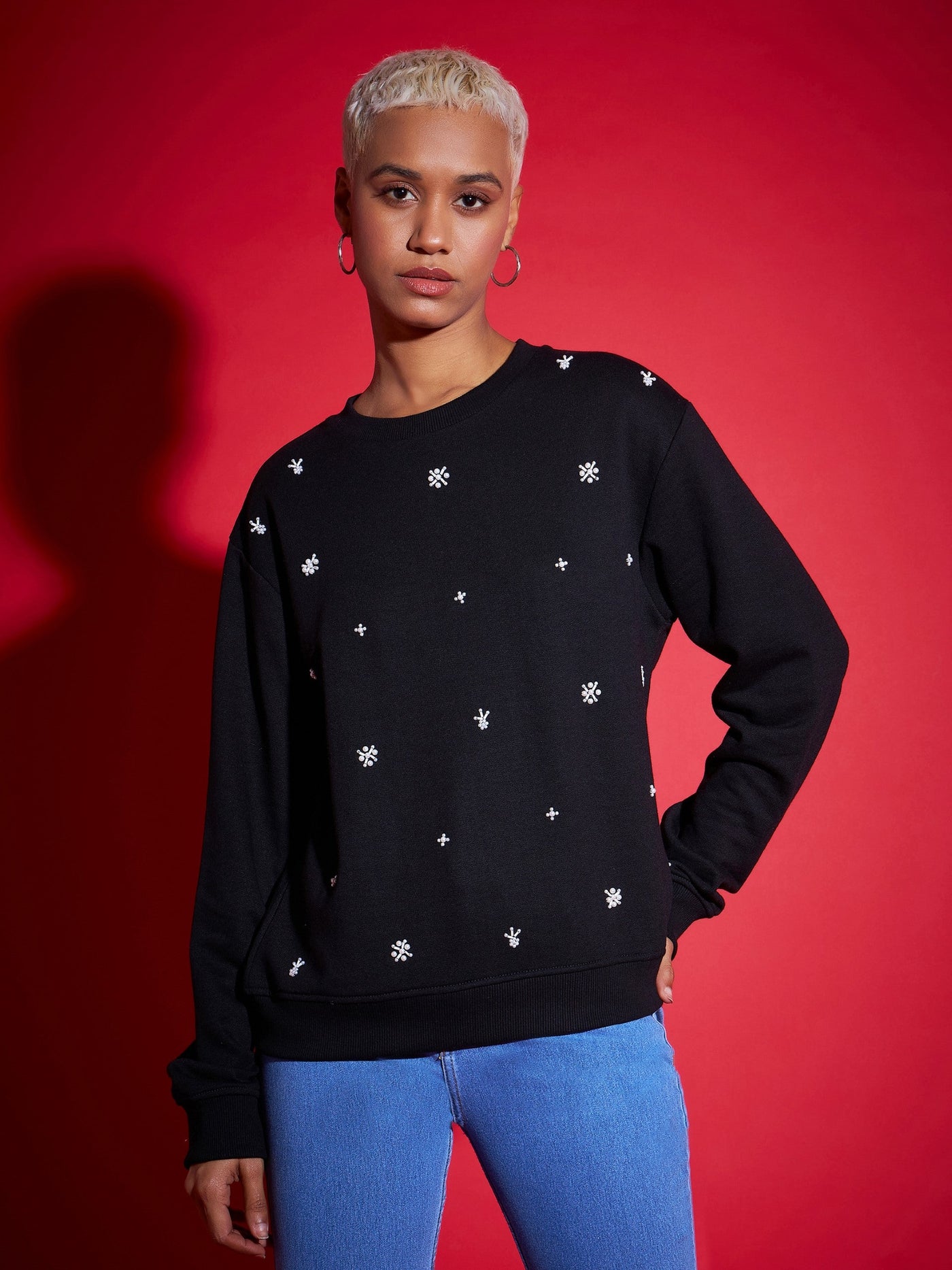 Black Terry All Over Pearl Sweatshirt-SASSAFRAS