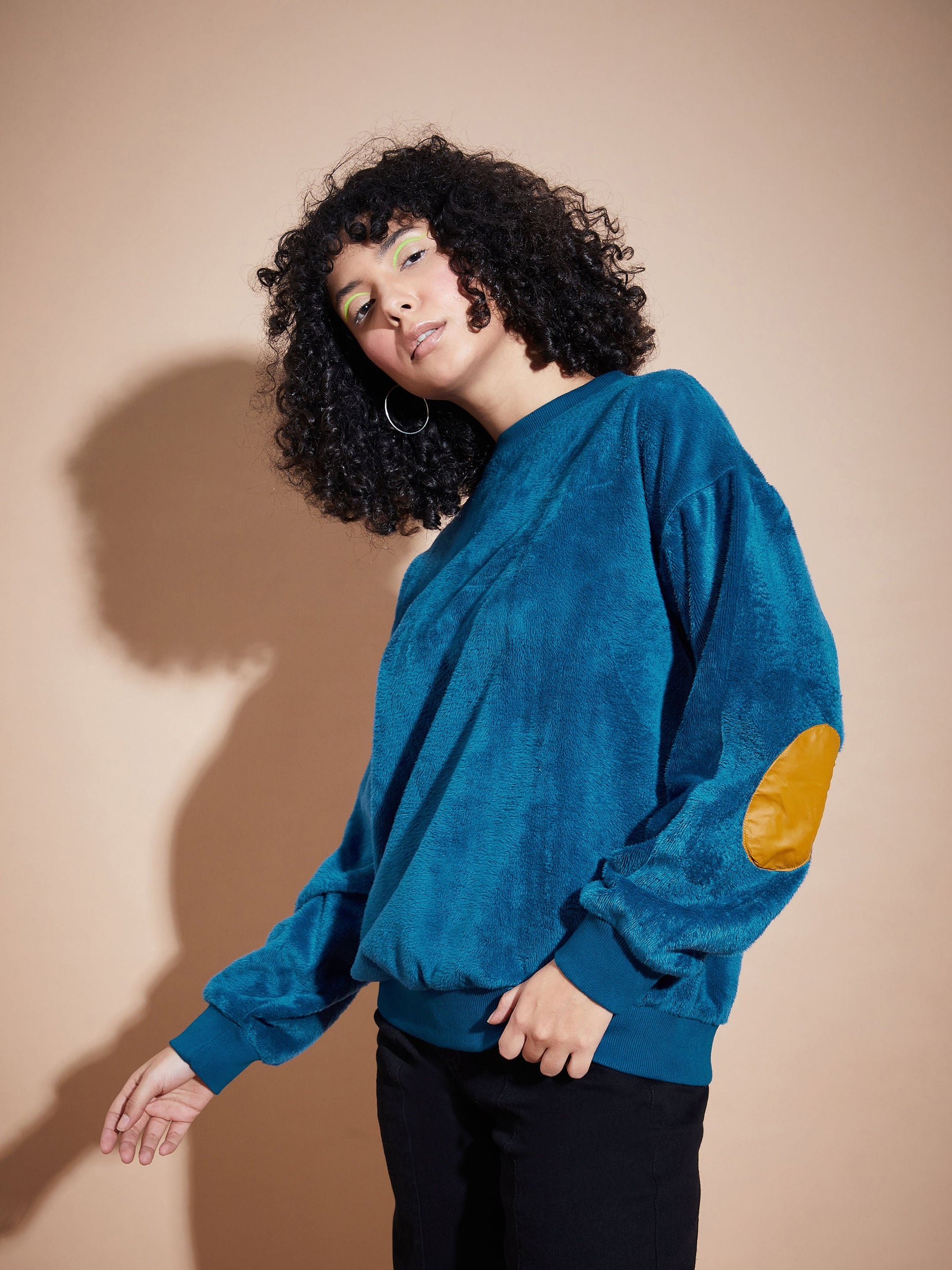 Blue Elbow Patch Fur Round Neck Sweatshirt-SASSAFRAS BASICS