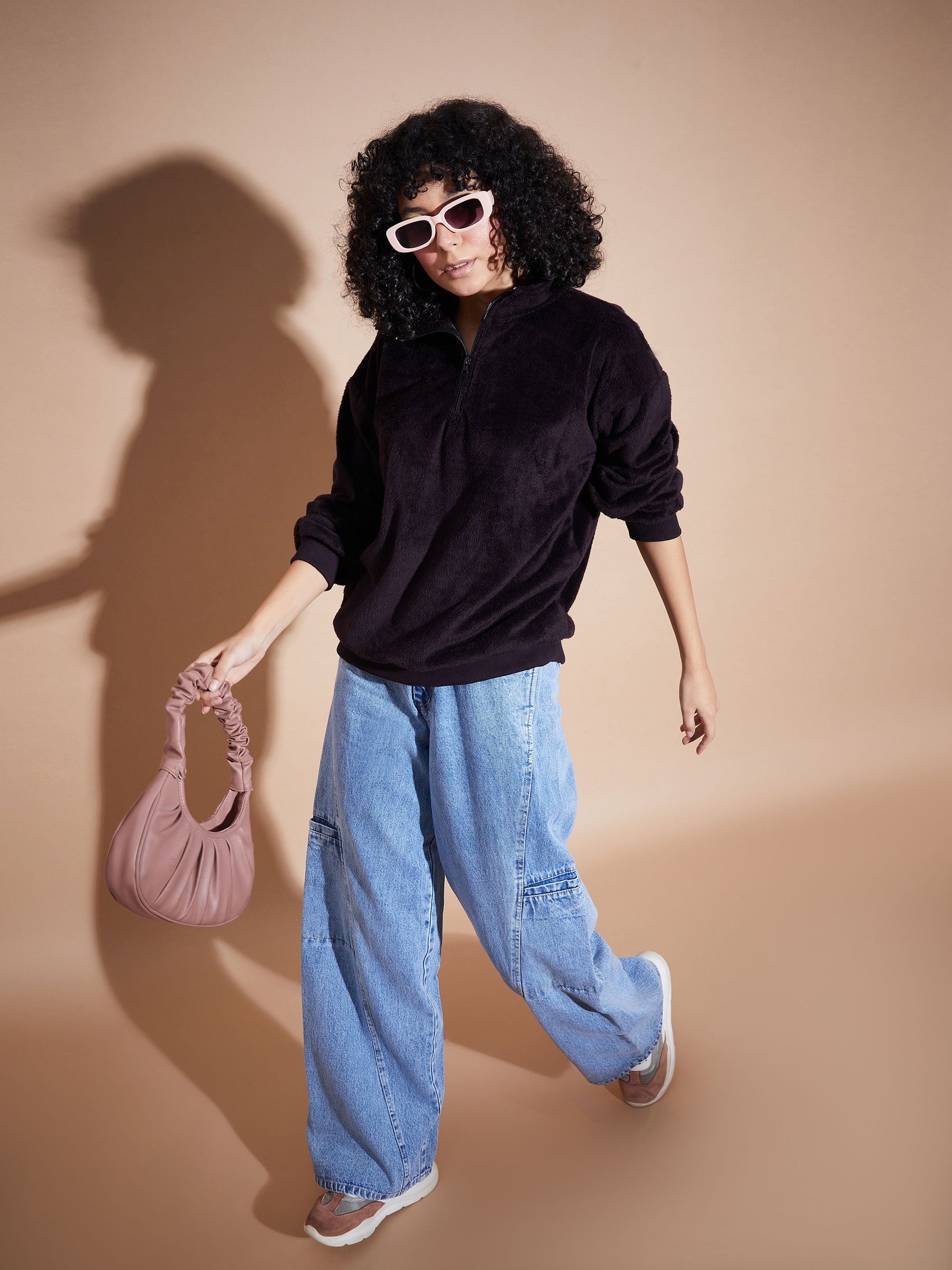 Women Black Front Zipper High Neck Sweatshirt - Main Image