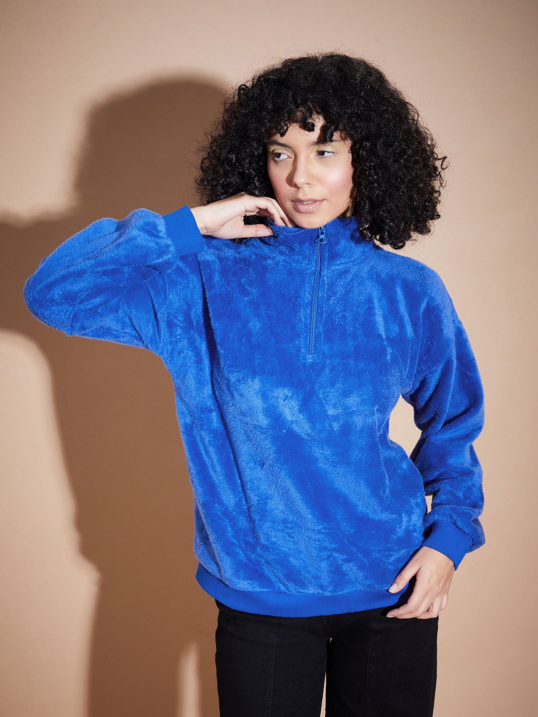 Royal Blue Front Zipper High Neck Sweatshirt-SASSAFRAS BASICS