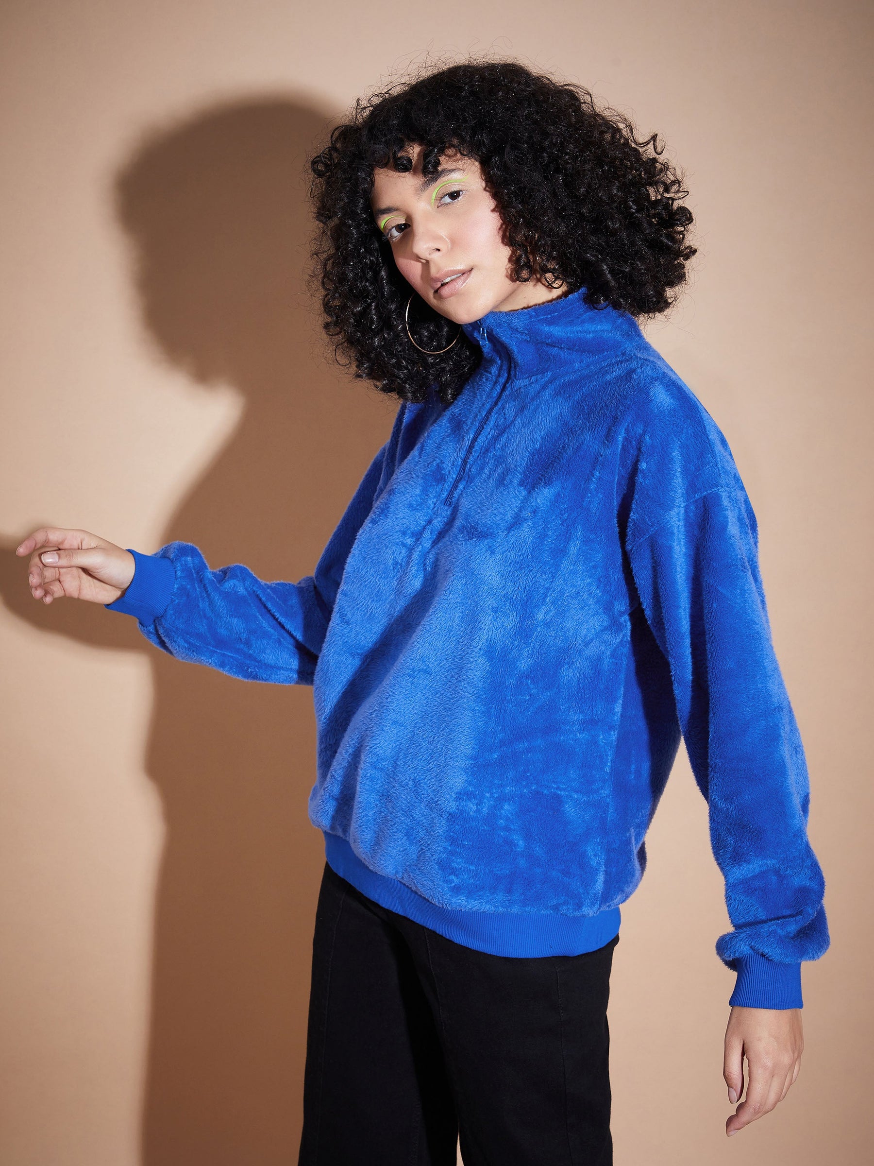 Royal Blue Front Zipper High Neck Sweatshirt-SASSAFRAS BASICS