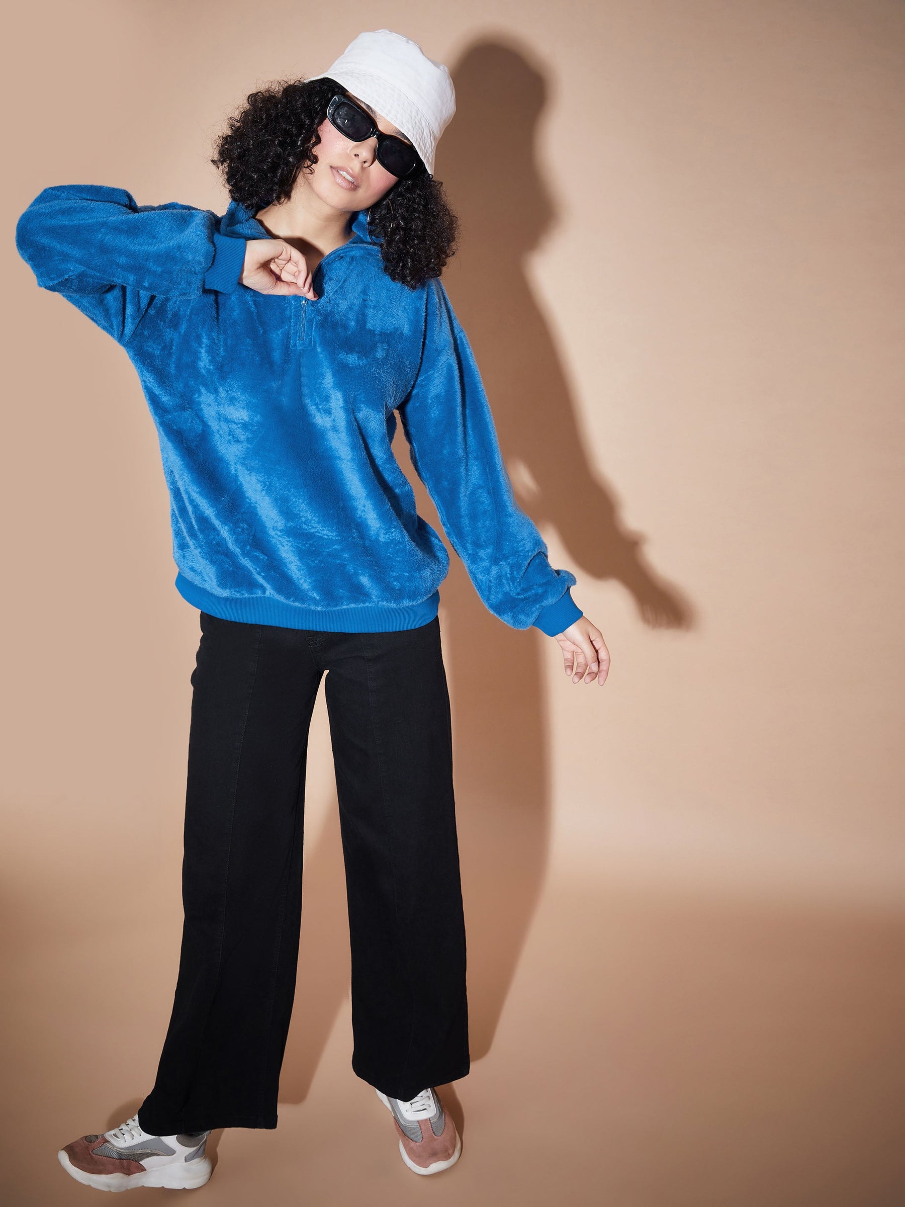 Royal Blue Front Zipper High Neck Sweatshirt-SASSAFRAS BASICS