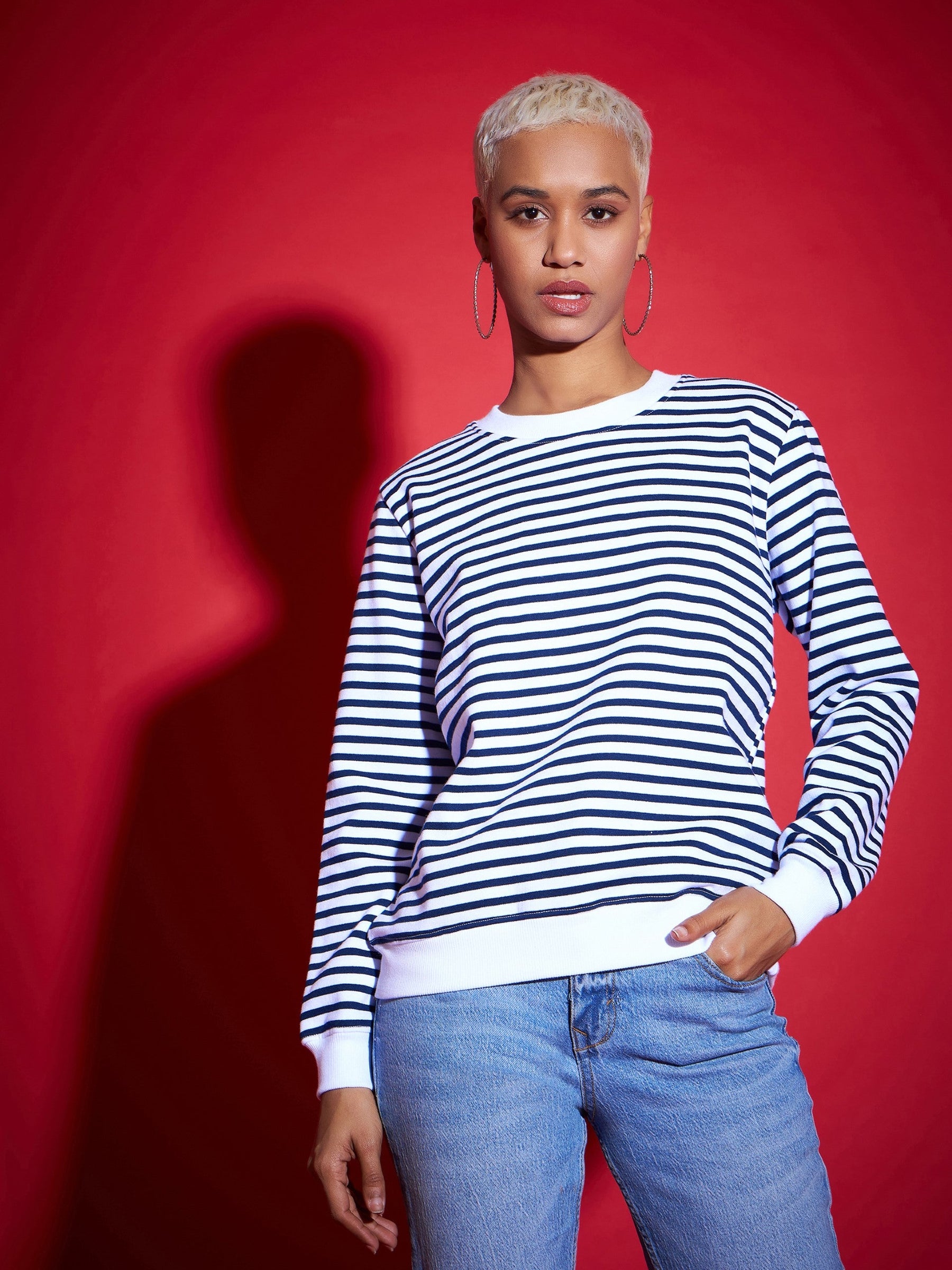 Women Navy White Striped Fleece Sweatshirt - Main Image