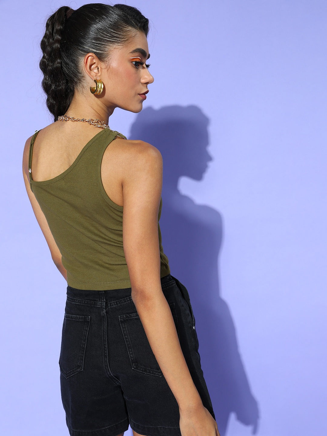 Women Olive One Shoulder Strappy Top