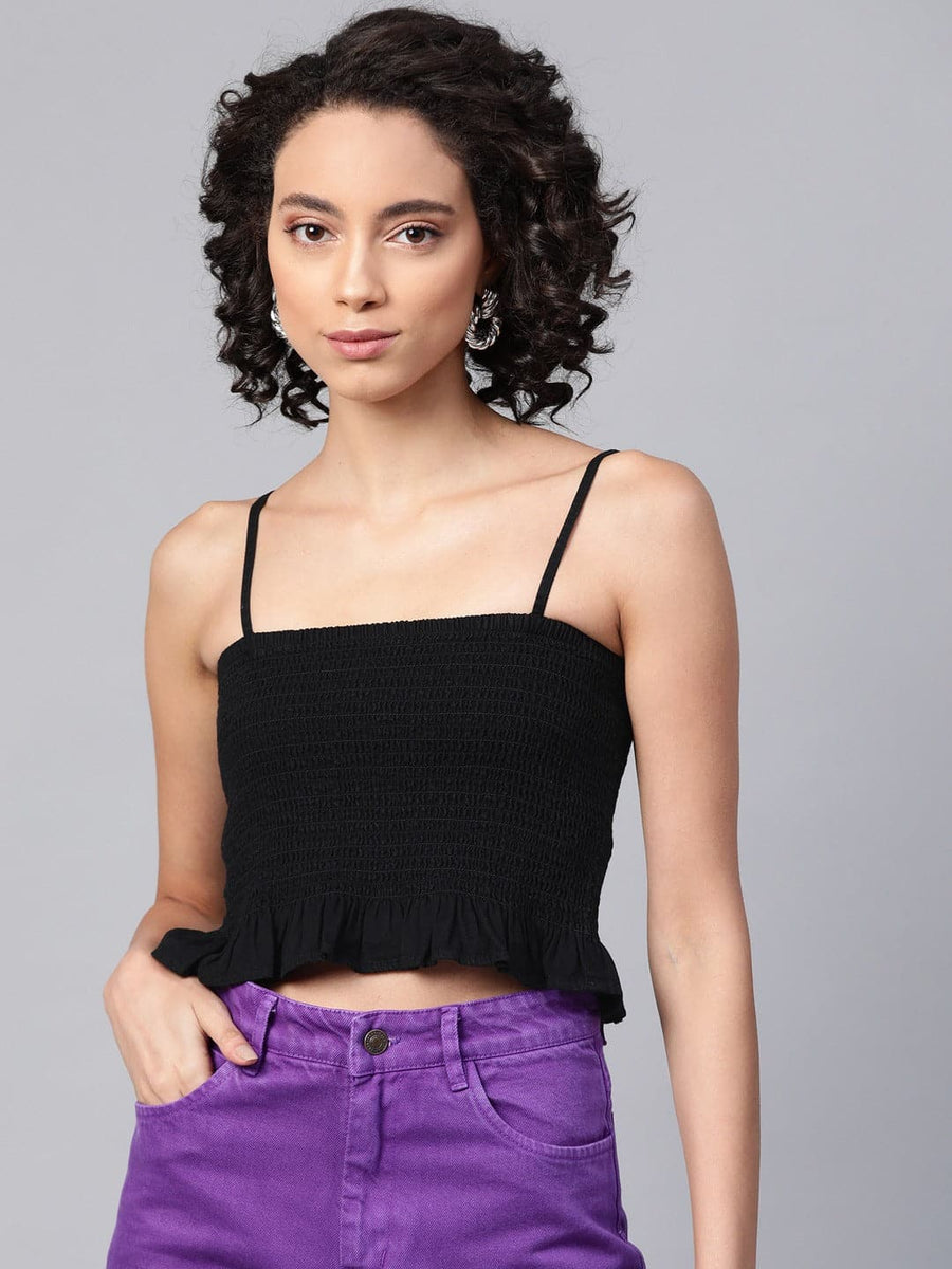 Black smocked crop store top