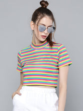 Rainbow Stripes High Neck Crop T-Shirt-T-Shirts-SASSAFRAS