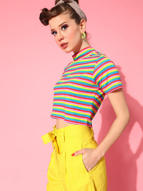 Women Rainbow Stripes High Neck Crop T-Shirt Top