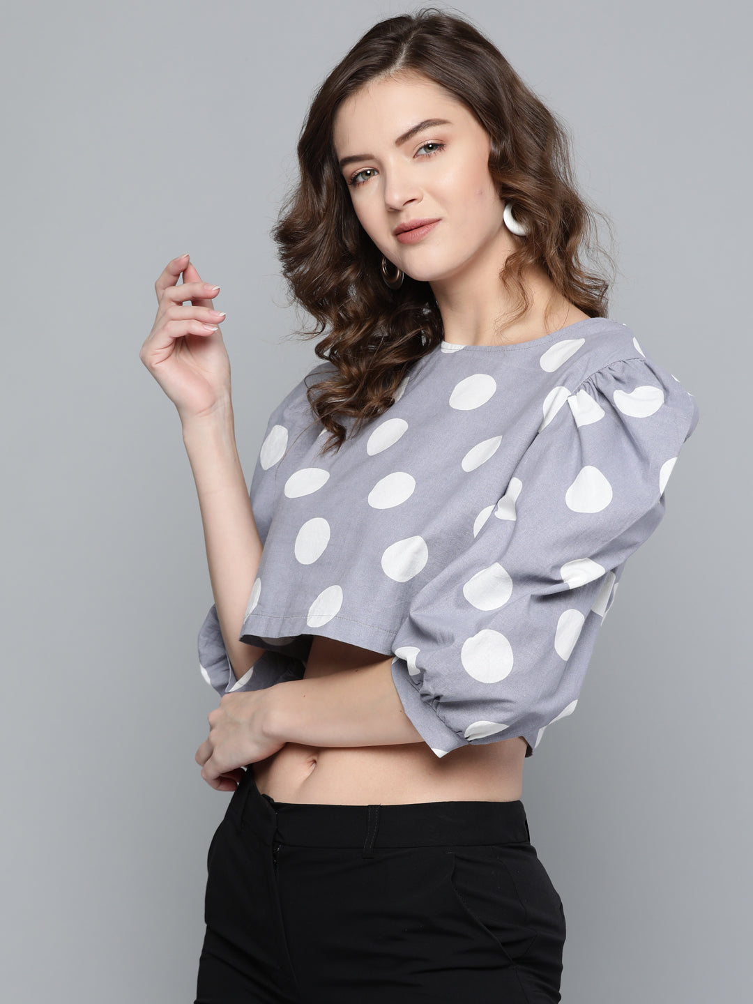 Buy Women Grey & White Polka Puff Sleeve Crop Top Online At Best