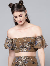 Brown Floral Bardot Crop Top-Tops-SASSAFRAS