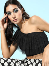 Black One Shoulder Mesh Net Frilly Top-Tops-SASSAFRAS