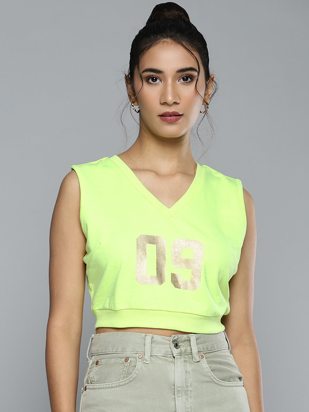 Buy Women Neon Green V Neck Crop Vest Online at Sassafras