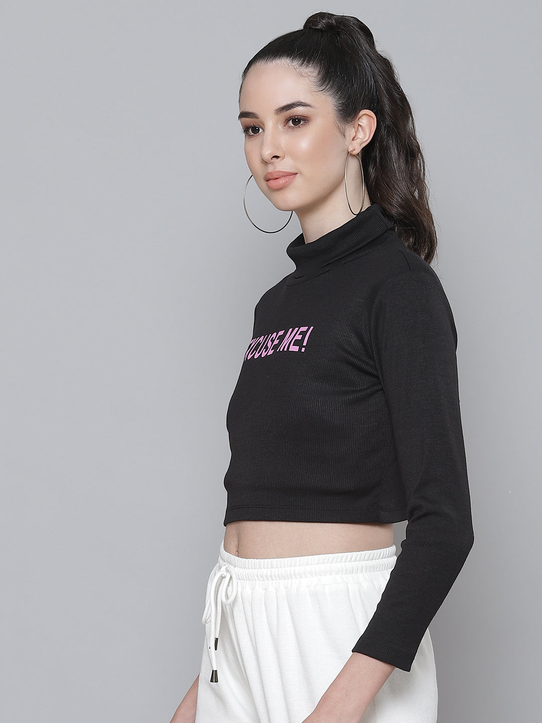 Black Rib EXCUSE ME Turtle Neck Crop Top