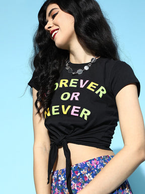 Black Forever-Or-Never Tie-Knot Crop T-Shirt