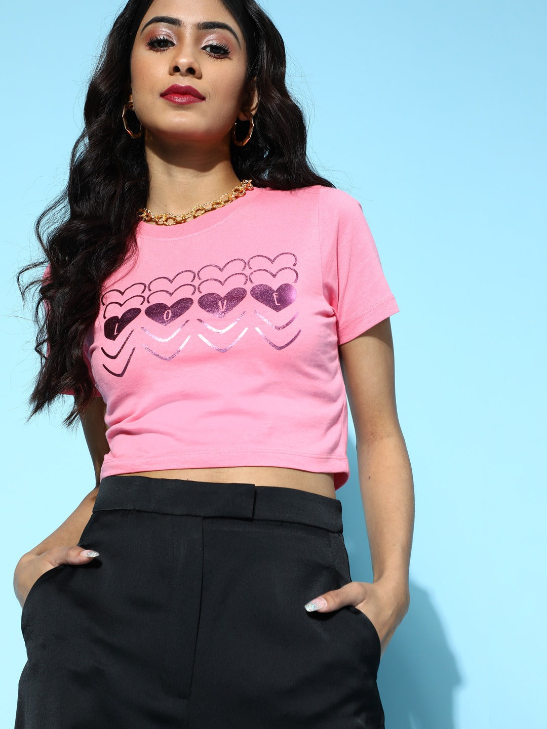 Pink With Lilac Foil Hearts Crop T-Shirt