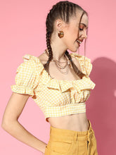 Women Yellow Gingham Check Layered Crop Top-Tops-SASSAFRAS