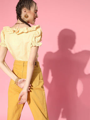 Women Yellow Gingham Check Layered Crop Top