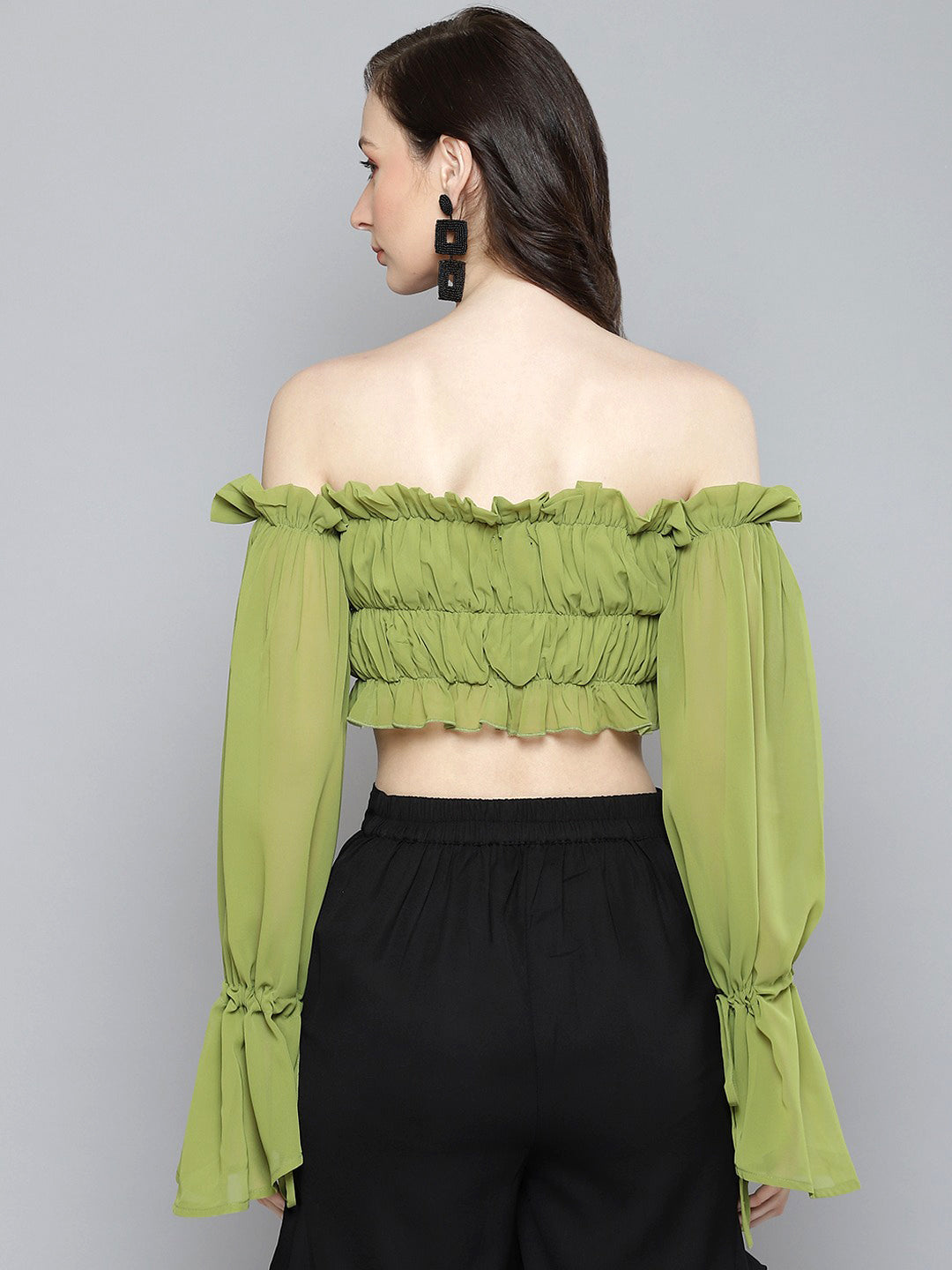 Buy Women Green Off Shoulder Ruched Crop Top Online at Sassafras