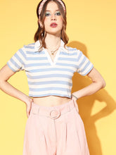 Women Blue & White Striped Crop Polo T-Shirt-T-Shirts-SASSAFRAS