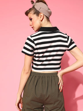 Women Black & White Striped Crop Polo T-Shirt