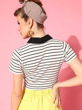 Women Black & White Thin Striped Crop Polo T-Shirt