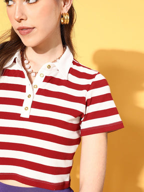Women Red & White Wide Striped Crop Polo T-Shirt