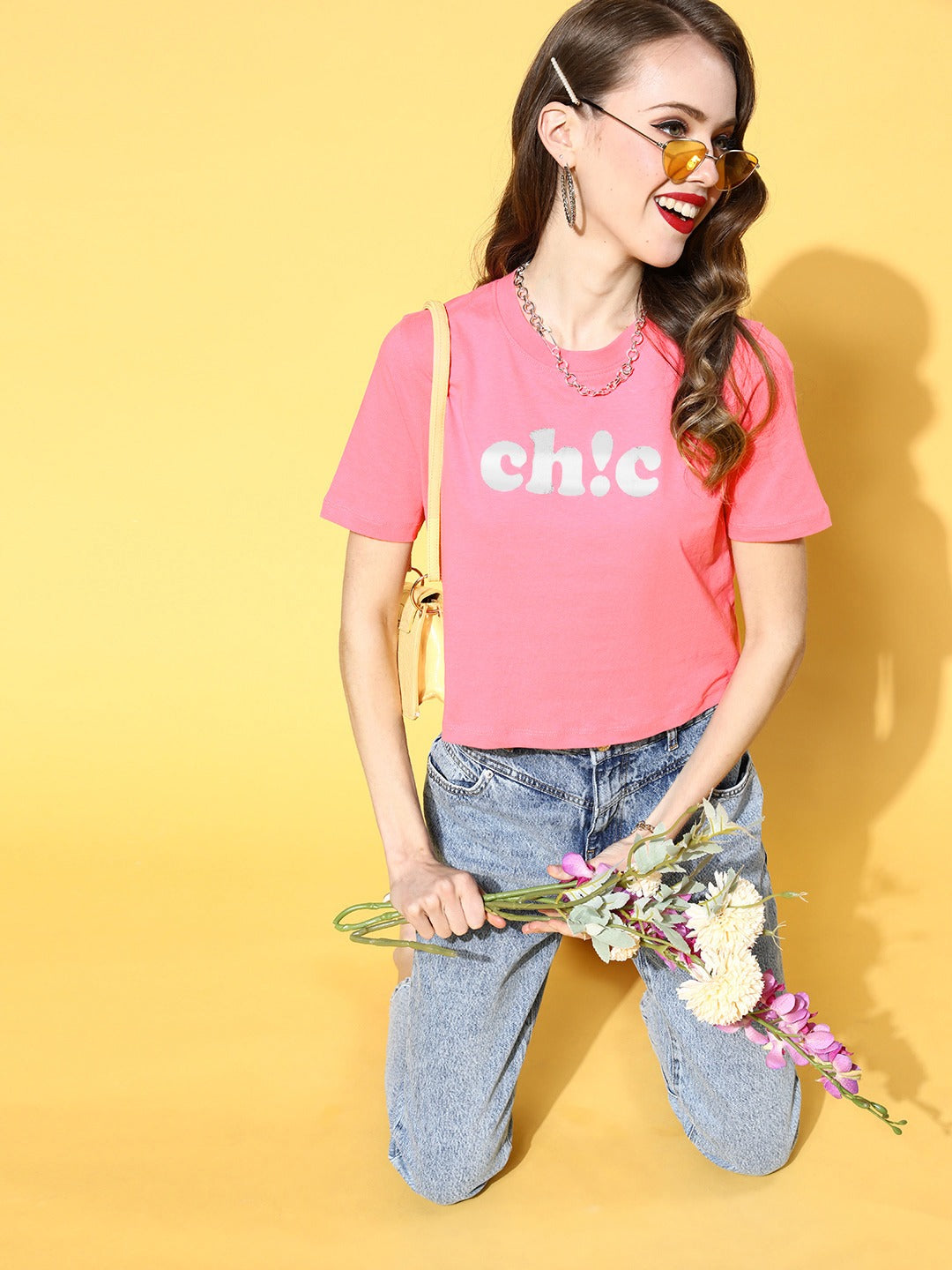 Women Pink CHIC Crop Slim Fit Crop T-Shirt
