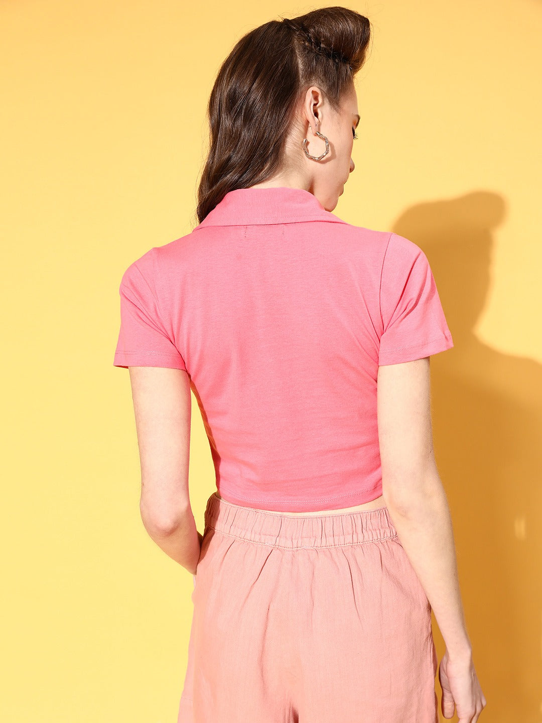 Women Pink Crop Polo T-Shirt
