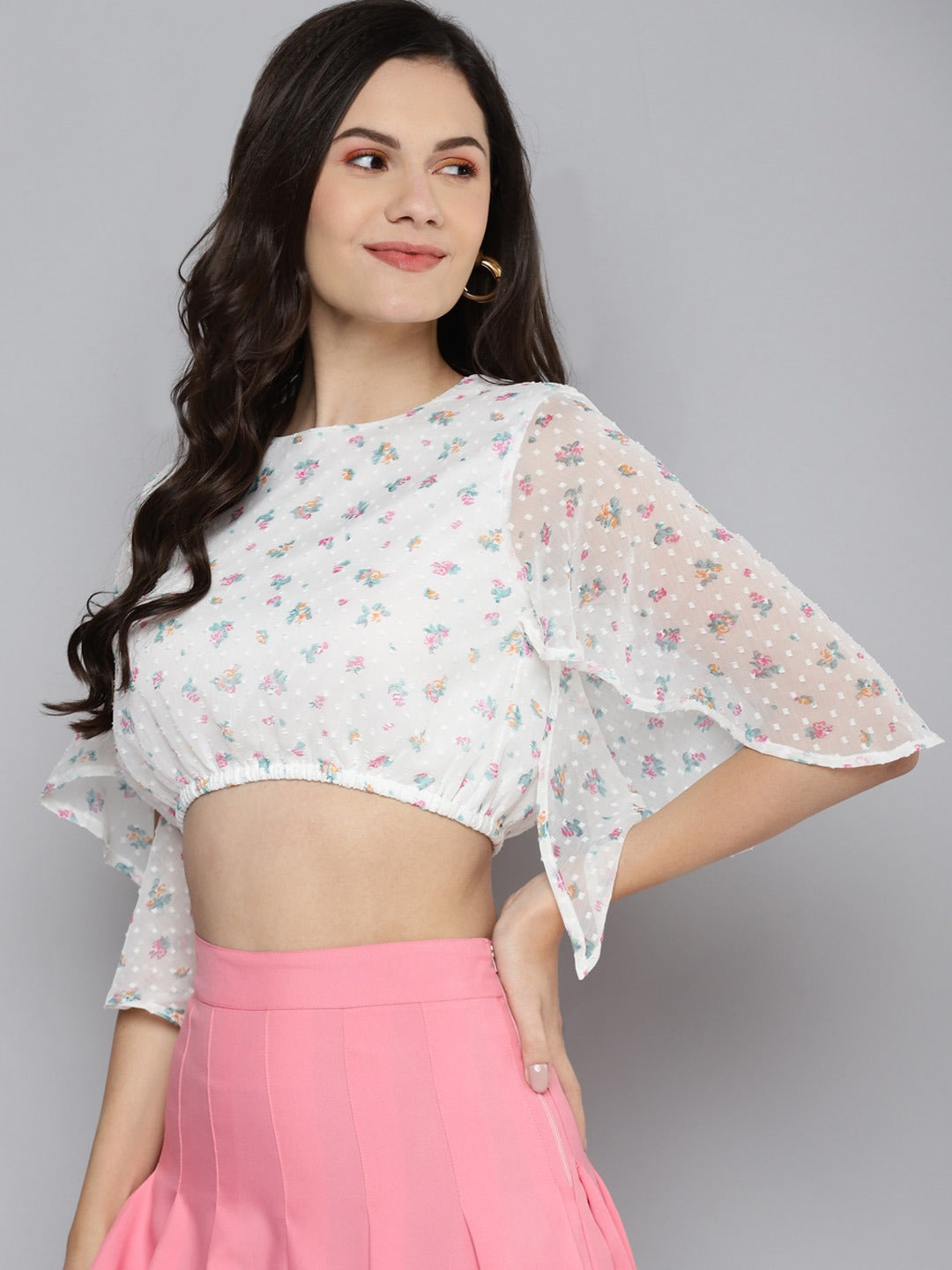 Women White Dobby Floral Butterfly Sleeve Crop Top