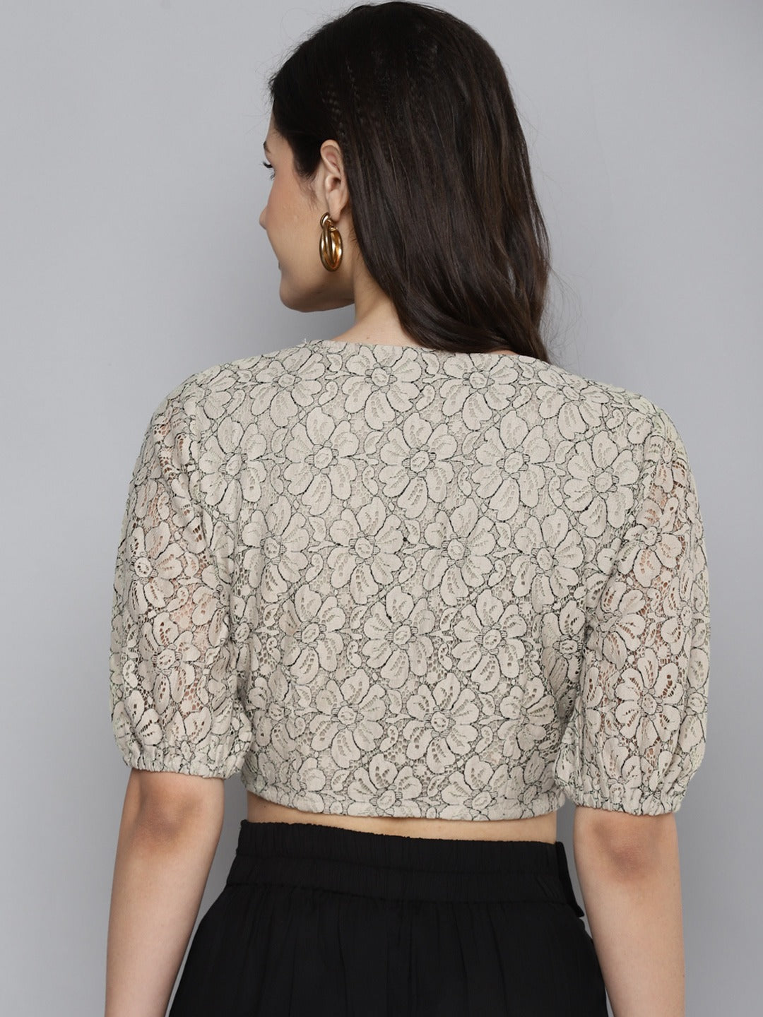 Buy Women Beige Lace Puff Sleeve Crop Top Online at Sassafras