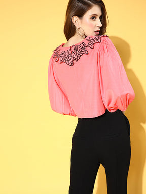 Women Pink Scallop Embroidered Broad Collar Crop Top