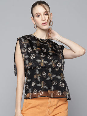 Women Black Beetle Print Sailor Collar Top-Tops-SASSAFRAS
