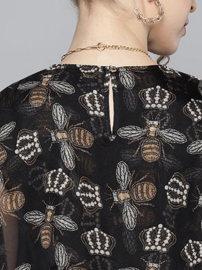 Women Black Beetle Print Sailor Collar Top