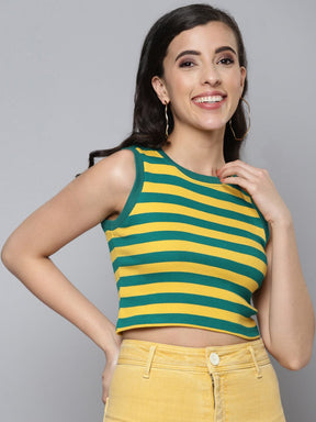 Women Green & Yellow Rib Sleeveless Crop Top-Tops-SASSAFRAS