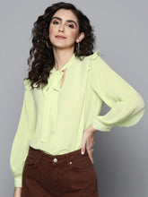 Women Sea Green Pleated Sleeve Tie-Up Top-Tops-SASSAFRAS