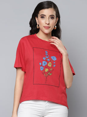 Women Red Floral Print Regular T-Shirt-T-Shirts-SASSAFRAS