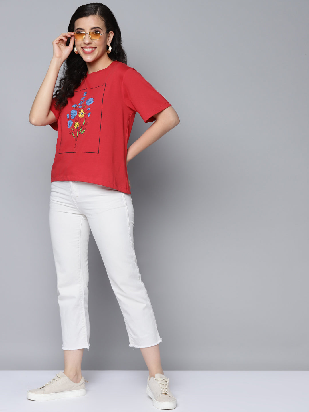 Women Red Floral Print Regular T-Shirt