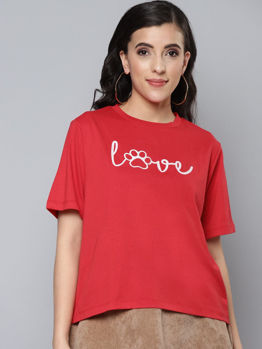 Women Red LOVE Embroidery Regular T-Shirt-T-Shirts-SASSAFRAS