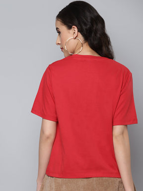 Women Red LOVE Embroidery Regular T-Shirt