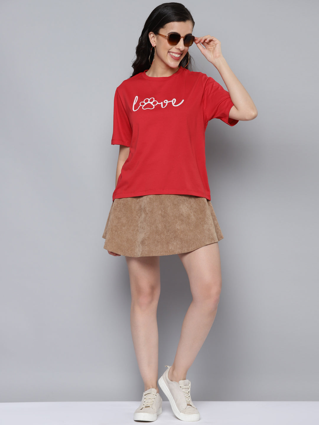 Women Red LOVE Embroidery Regular T-Shirt