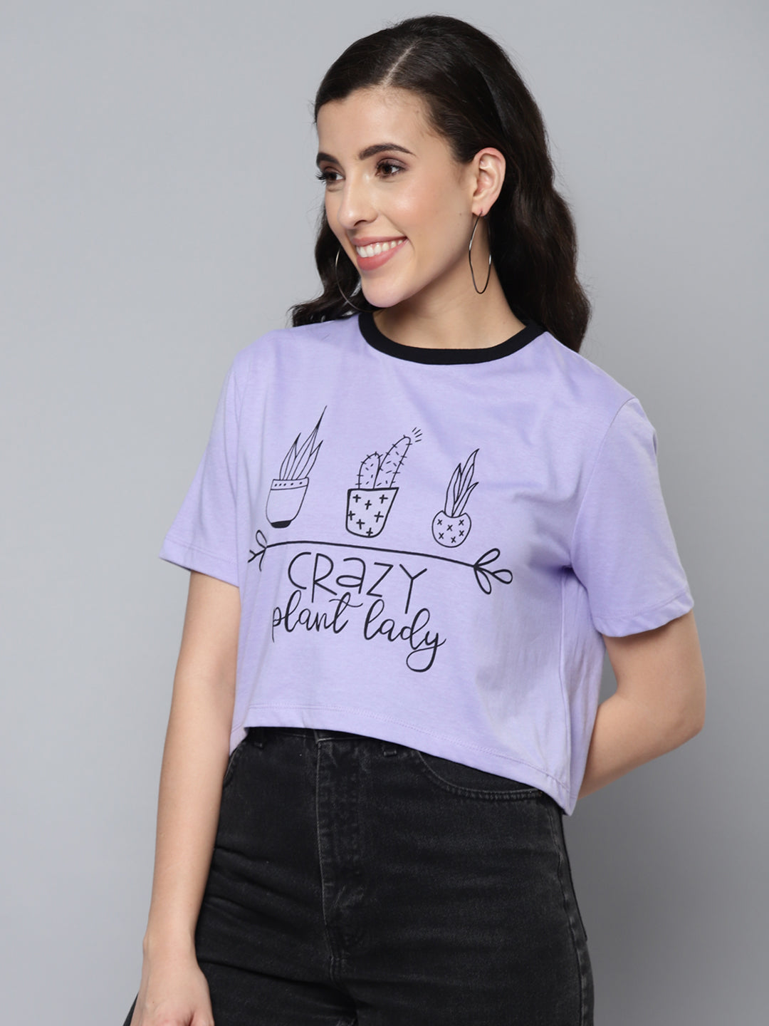 Women Lavender CRAZY PLANT LADY Crop Boxy T-Shirt