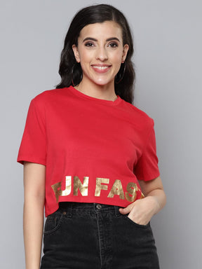 Women Red RUN FAST Golden Foil Boxy Crop T-Shirt-T-Shirts-SASSAFRAS