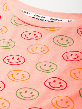 Women Pink Smiley Slim Fit Crop T-shirt