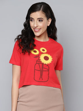 Women Red Flower Vase Boxy Crop T-Shirt-T-Shirts-SASSAFRAS