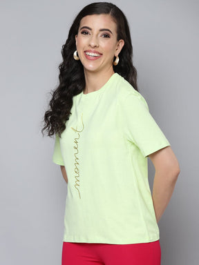 Women Mint Green MOMENT Gold Foil Regular T-Shirt-T-Shirts-SASSAFRAS