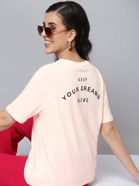 Women Cream Back Print Regular T-Shirt-T-Shirts-SASSAFRAS