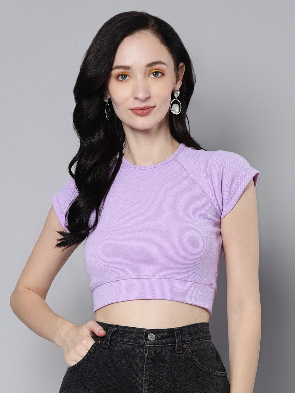 Women Lavender Rib V-Hem Crop Top