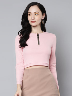 Women Pink Rib Zip Front Full Sleeves Crop Top-Tops-SASSAFRAS