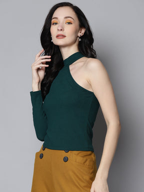 Women Emerald Green Rib One Shoulder Collar Crop Top