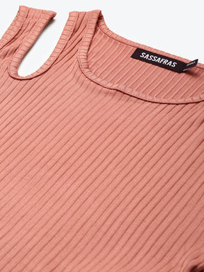 Women Baked Pink Rib Shoulder Cut Out Crop Top