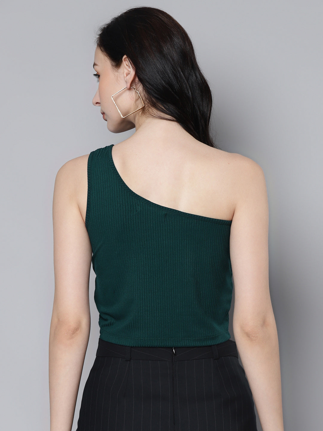 Women Emerald Green Rib One Shoulder Crop Top